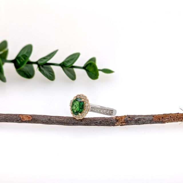 Tsavorite Ring W Natural Diamonds in Solid 14k Gold | Ov 7x5mm | Statement Ring, Size 6.75 For Sale - Image 4 of 6