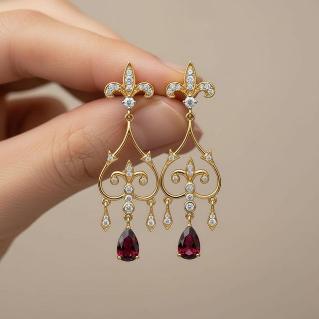 Fleur De Lis Chandelier Earrings Studs With Garnet in Silver, Gold, A Pair For Sale - Image 4 of 6