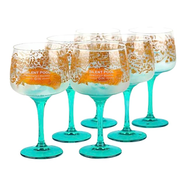 1980s Silent Pool Intricately Realised Copa Balloon Gin Glass Aqua 6pc Stem Goblets For Sale