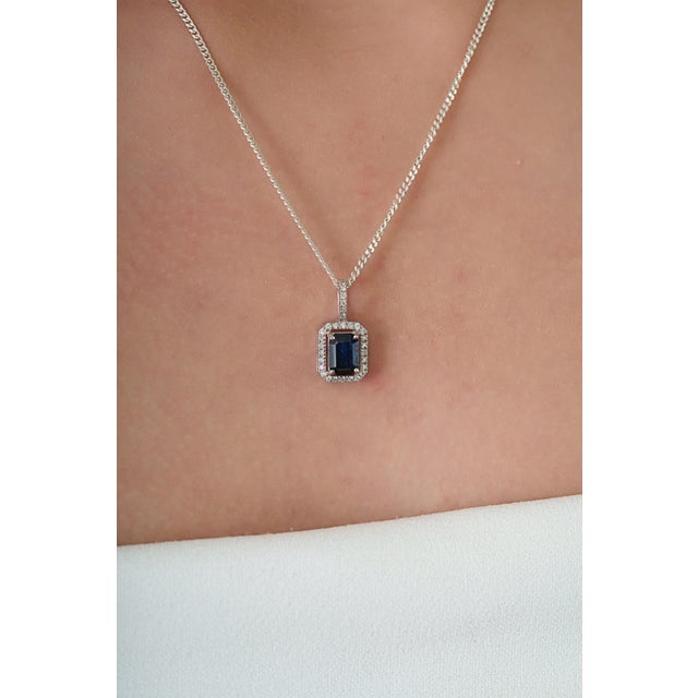 Mid-Century Modern Art Deco 1.21ct Blue Sapphire & Diamond Halo Pendant in 14k White Gold For Sale - Image 3 of 14