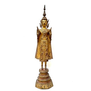 Antique Gilt Bronze Standing Buddha Thailand 19th Century Rattanakosin Kingdom For Sale