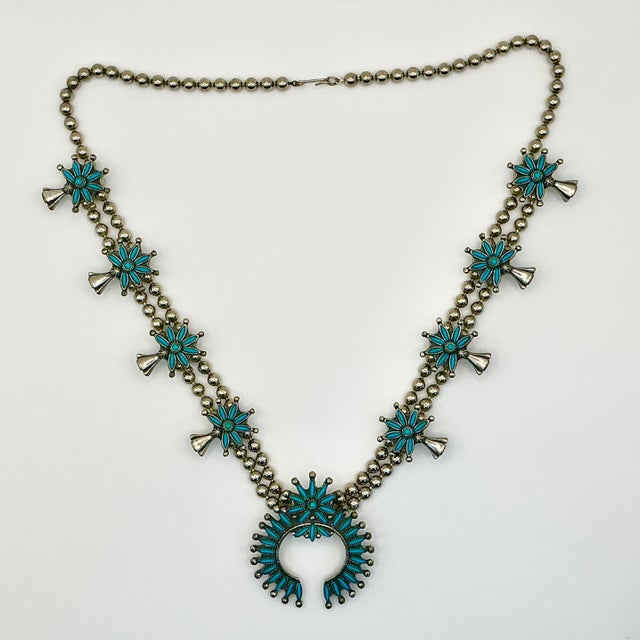 1960s Vintage Southwestern Zuni Native American Sterling & Turquoise Squash Blossom Beaded Necklace, 27” For Sale - Image 10 of 12