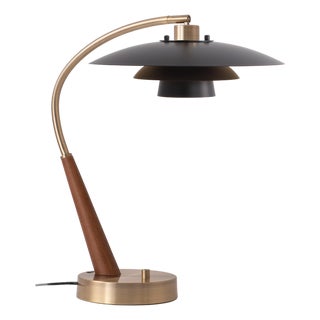 Rancho Mirage Boomerang Table Lamp - Modern Dark Walnut/Weathered Brass, Fleur Matte Black/Gold Shade For Sale