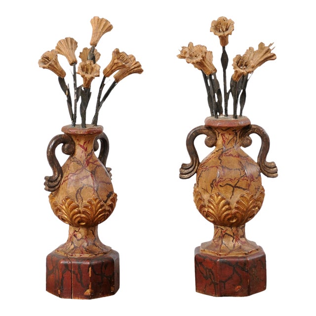 Italian Antique Polychrome Floral Urns - a Pair For Sale