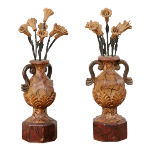 Italian Antique Polychrome Floral Urns - a Pair