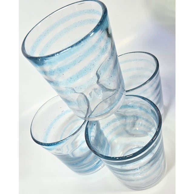 Baby Blue Bubbled Swirl Lowballs- Set of Four For Sale - Image 9 of 15