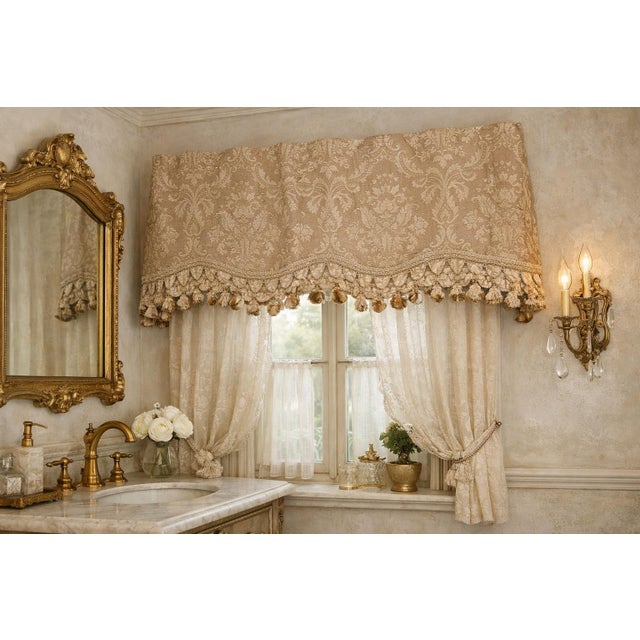 1980s Single Vintage Damask Polyester Valance With Beautiful Tassel Trim — 52.5” W - Neoclassical, Grandmillennial & Italianate - See Pics! For Sale - Image 5 of 7