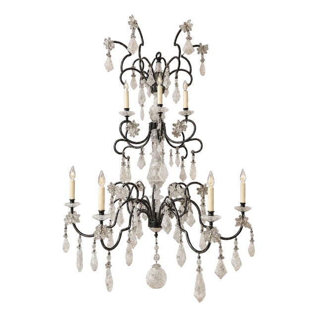Elegant Italian Rock Crystal & Black Metal Chandelier. 20th Century. For Sale