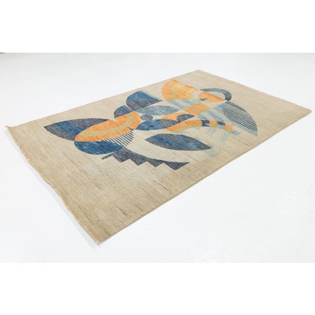 Art Deco Art Deco Modern Abstract Geometric Wool Area Rug (5x8) in Beige For Sale - Image 3 of 9