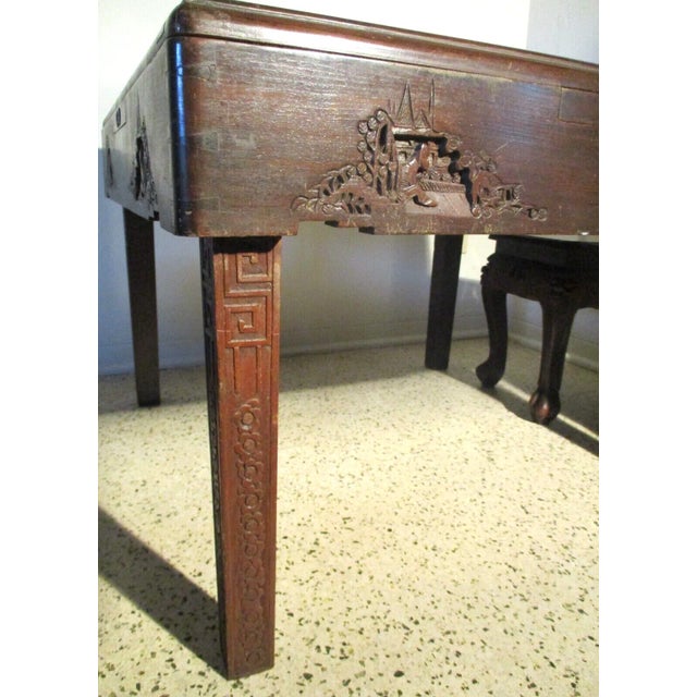 Wood 1920s Antique Chinese Hand Carved Rosewood Square Folding Game Table and Stools - 5 Piece Set For Sale - Image 7 of 13