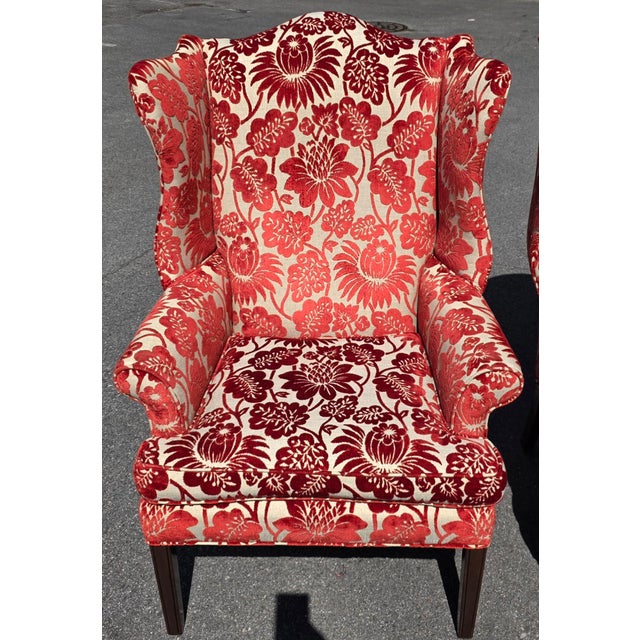 Pair of Late 20th Century Custom Upholstered Wingback Armchairs in Red and Ivory Floral Cut Velvet For Sale - Image 14 of 14