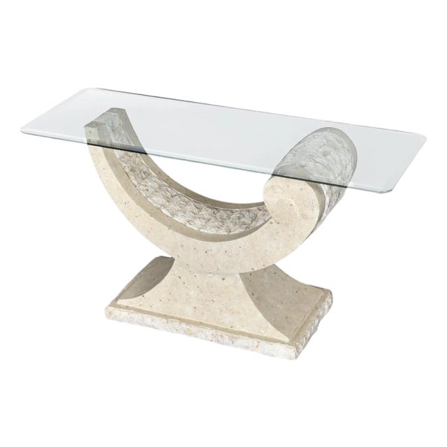 Arched Tessellated Stone Base Console Table With Glass Top For Sale