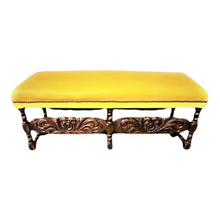 Antique Spanish Colonial Style Carved Bench Reupholstered in Canary Yellow Leather - Early 20th Century For Sale