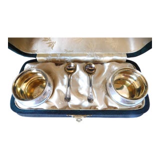 Pair of Vintage MCM Sterling and Gilt Salt Cellars and Spoons For Sale