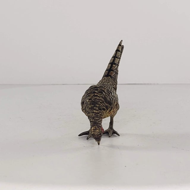 Vintage Mid 20th Century Austria Bronze Cold Painted Ring-Necked Pheasant Miniature Figurines - a Pair For Sale - Image 12 of 13