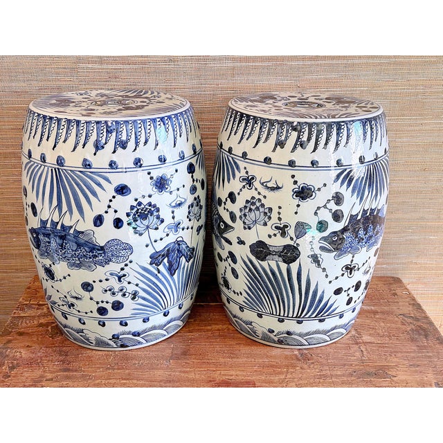 Chinoiserie Chinoiserie Porcelain Blue and White Coastal Fish Garden Stools - A Pair For Sale - Image 3 of 7