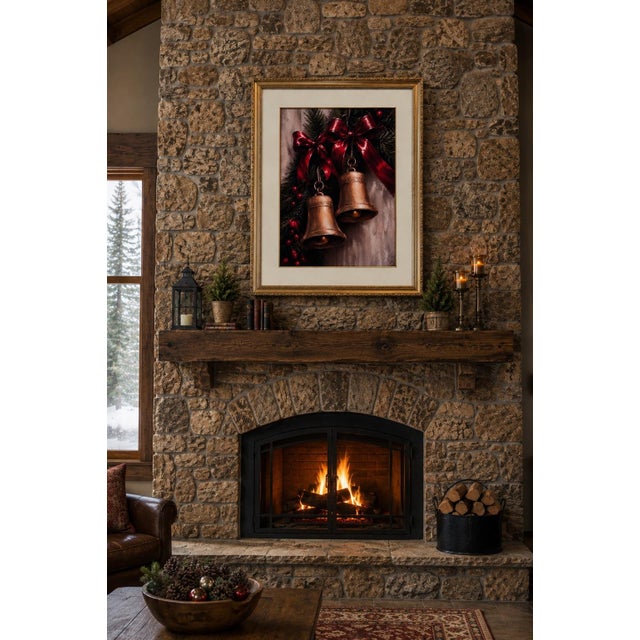 Substantial 40” Tall Framed Christmas Bell Wall Canvas Art With Ornate Gilt Wood Frame & Silk Mat For Sale In Houston - Image 6 of 11