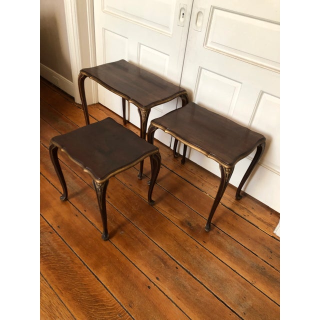 Brown Early 20th Century Antique Set of 3 Nesting Wood Tables Brown/Gold Trim/Ornate For Sale - Image 8 of 12