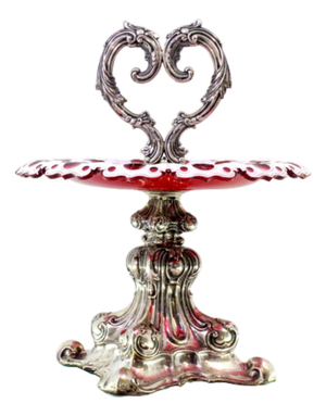 Embossed Silver and Burgundy Cut Glass Fruit Bowl Centerpiece