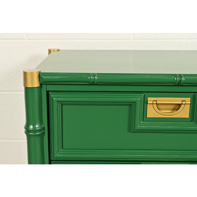 Mid-Century Hollywood Regency Campaign Green Lacquered Faux Bamboo Triple Dresser or Credenza by Stanley, Newly Refinished For Sale - Image 9 of 16