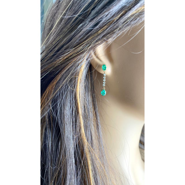 14k Yellow Gold Oval Emerald & Diamond Lariat Drop Earrings - Set of 2 For Sale - Image 9 of 10