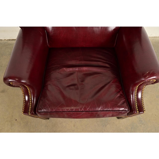 Burgundy Hancock & Moore Chippendale Wingback Leather Lounge Chair With Ottoman For Sale - Image 8 of 15