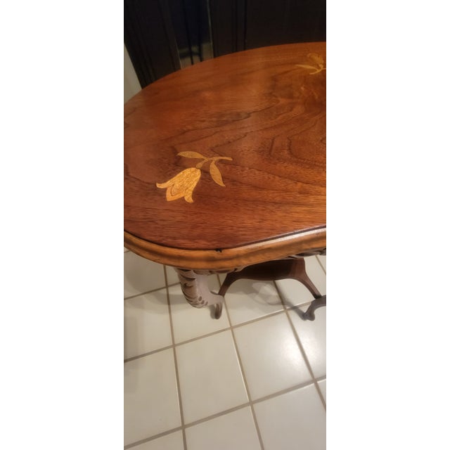 1940's French Louis XV Style Accent Tables With Floral Marquetry Inlay Top - A Pair For Sale - Image 10 of 16