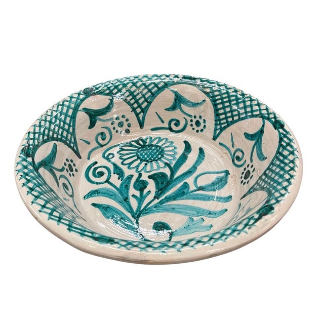 Vintage Moroccan Hand-Painted Green & White Ceramic Lebrillo Bowl For Sale - Image 4 of 12