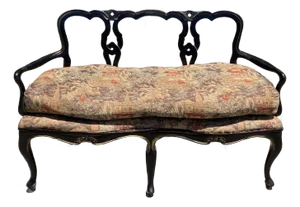 French Bench Painted Noir and Chinoiserie Upholstery