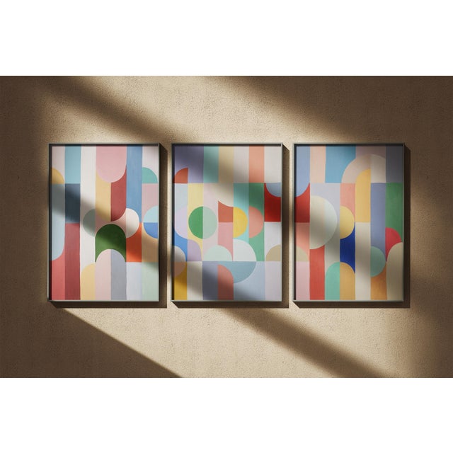 2026, Bauhaus Geometric Triptych Painting in Vivid Pastel Tones, Chromatic Deco Radiance, Acrylic Paint on Watercolor Paper For Sale In Miami - Image 6 of 11