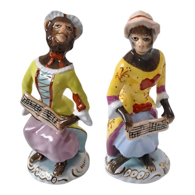 1980s Chelsea House Porcelain Monkey Band Singer Figurines, Pair, Meissen Style Rococo Musicians For Sale