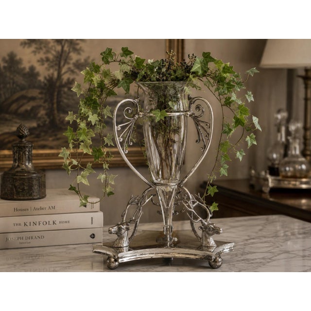 Metal Victorian Stag's Head Silverplate & Glass Vase For Sale - Image 7 of 7