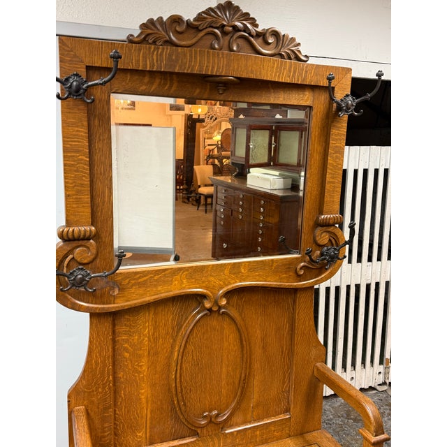 Antique Oak Hall Tree/Entry Bench For Sale - Image 11 of 12