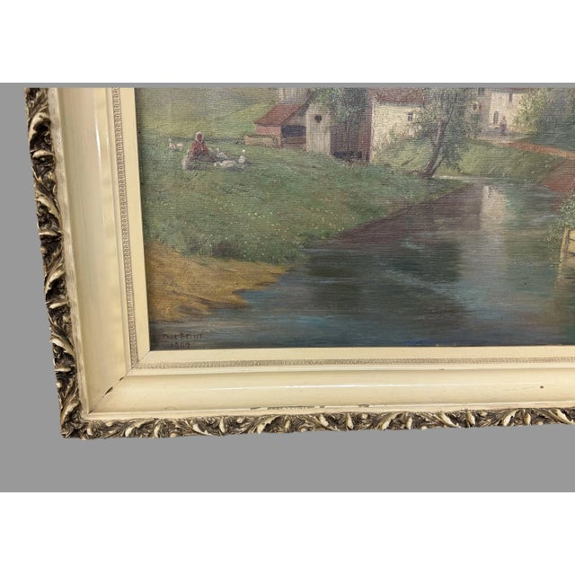 Antique Oil on Canvas Landscape Painting of a Farm Scene W Ducks Signed Paul Becht 1902 For Sale - Image 4 of 11