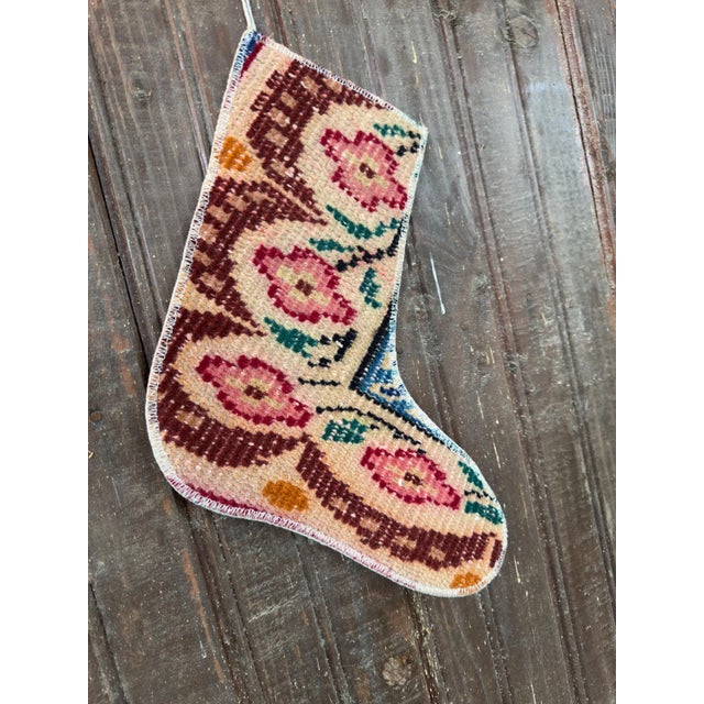 Vintage Turkish Hand-Knotted Wool Rug Christmas Stocking, Bohemian Burgundy Pink For Sale - Image 4 of 6