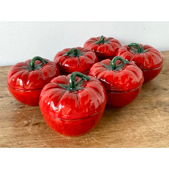 Ceramic Vintage 1960s Italian Glazed Ceramic Tomato Lidded Bowls - Set of 6 For Sale - Image 7 of 11