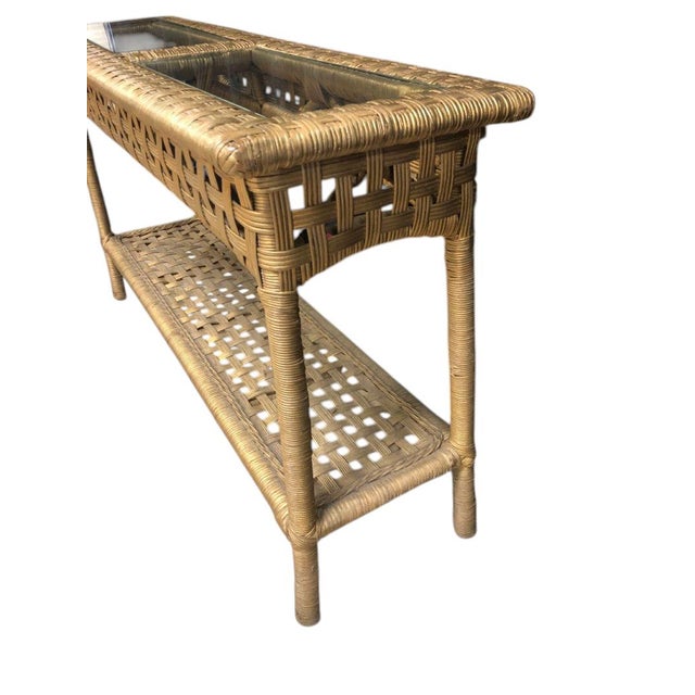 Mid-Century Modern Vintage Rattan Two Tier Console Table / Wicker Sofa Table For Sale - Image 3 of 5