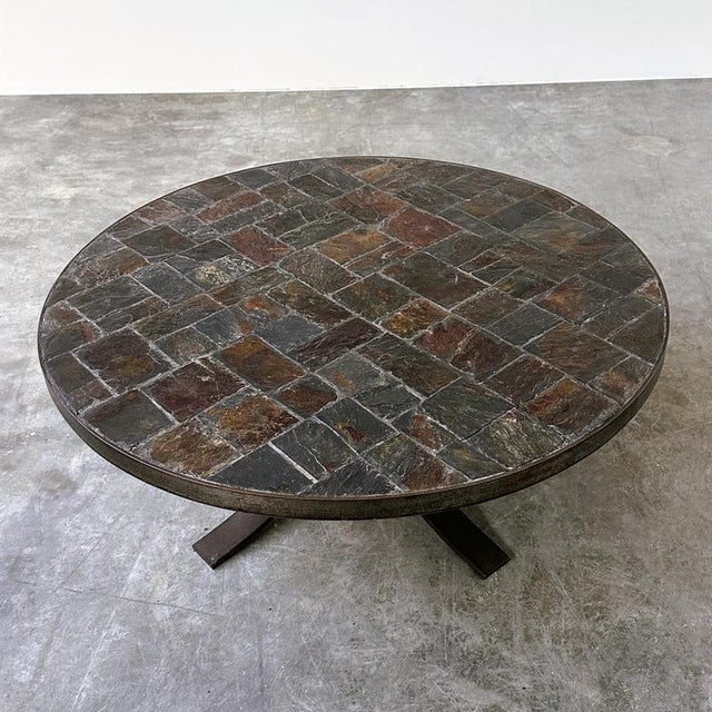 Round Slate Stone Mosaic Coffee Table with Sculptural Metal Base, 1970s For Sale - Image 10 of 10