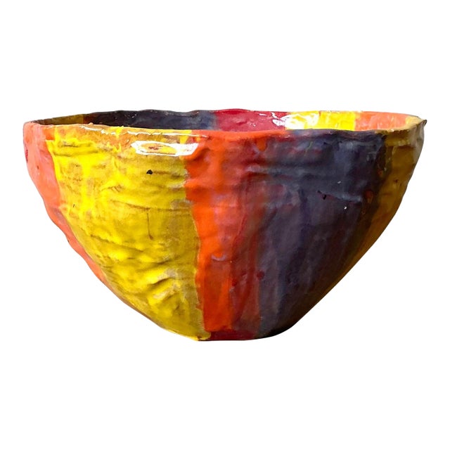 Vintage Boho Striped Studio Pottery Bowl For Sale