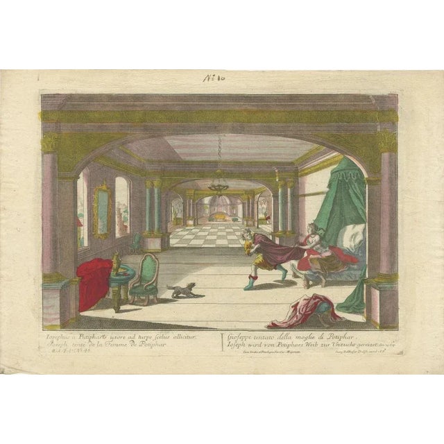 Optical Print of Joseph Tempted by Potiphar’s Wife, circa 1770 – Dramatic Hand-Colored Vue d’Optique by Probst This...