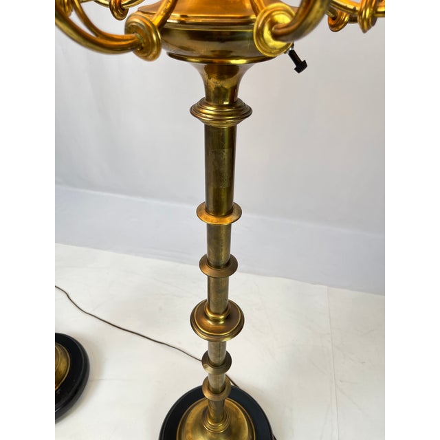 Mid 20th Century Neoclassical 10-Light Brass Candelabra Floor Lamps With Shades - a Pair For Sale - Image 12 of 17