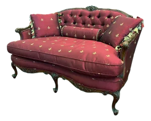 Louis XV Tufted Settee in Fleur-De-Lis Silk
