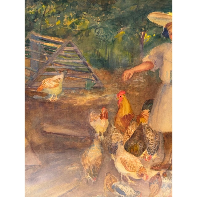Green 19th Century French Impressionist Watercolor Painting of a Girl With Chickens For Sale - Image 8 of 10