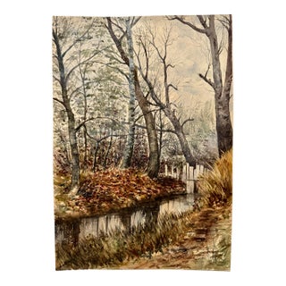 Early 20th Century Attributed to Frank Henry Mason Woodland Stream Bridge Original Watercolor For Sale
