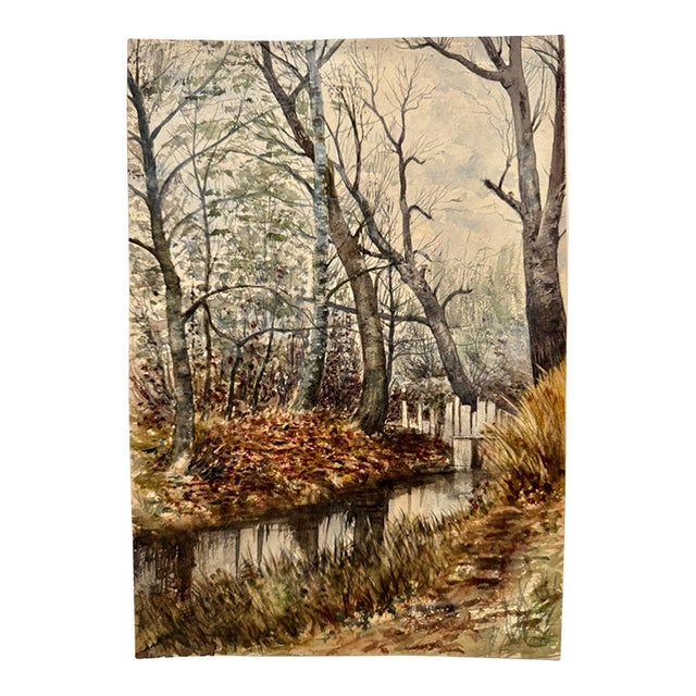Early 20th Century Attributed to Frank Henry Mason Woodland Stream Bridge Original Watercolor For Sale