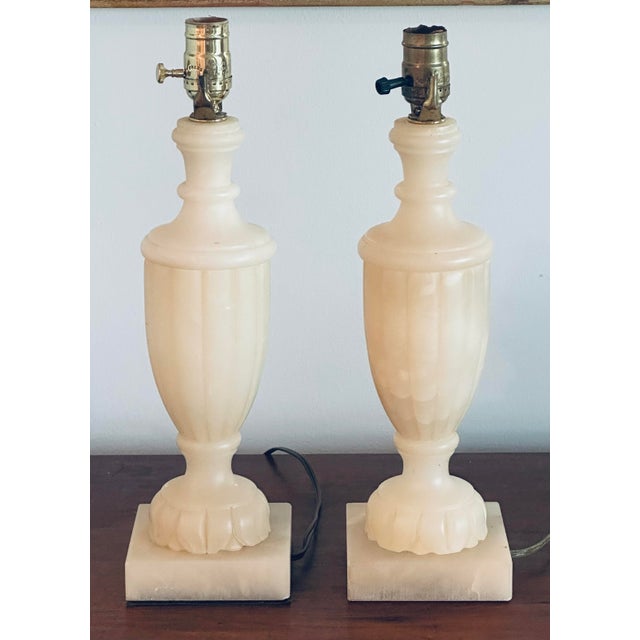 Neoclassical Sarreid Carved Alabaster Lamps- A Pair For Sale - Image 3 of 12