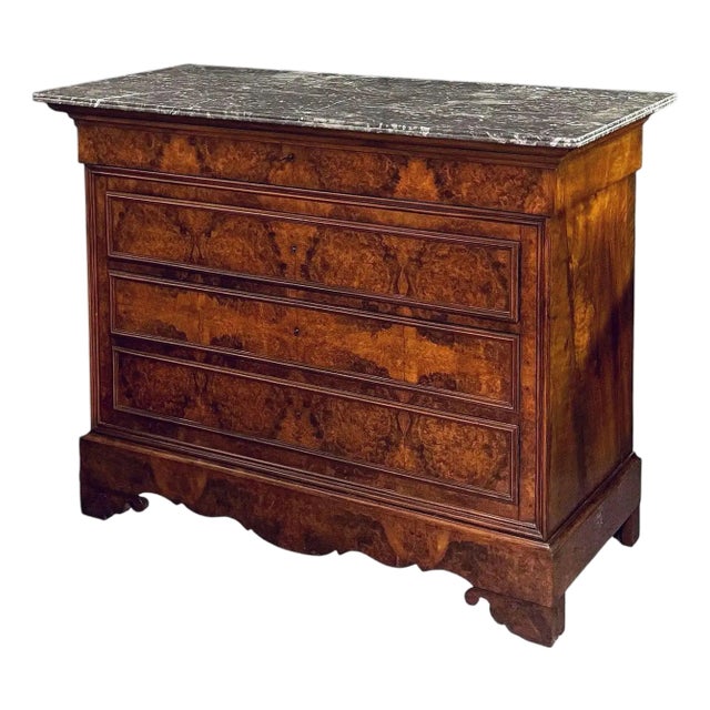 French Louis Philippe Chest or Commode of Burr Walnut With Marble Top For Sale