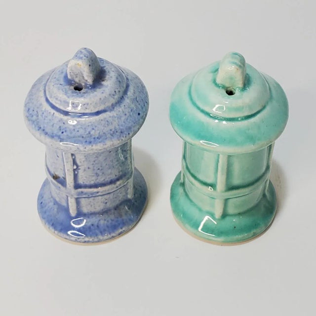 1950s Teal and Periwinkle Ceramic Lantern Salt & Pepper Shakers For Sale - Image 4 of 6