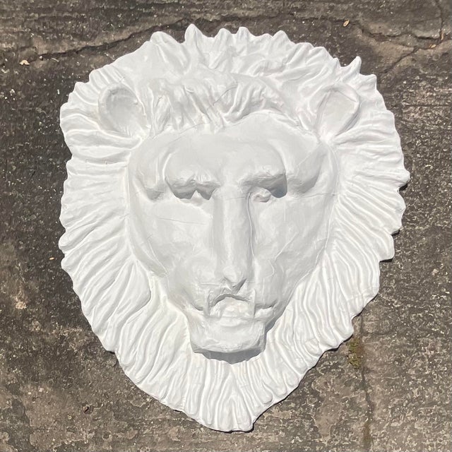 Animal Skin Vintage Boho Monumental Painted Leather Lions Head Wall Sculpture For Sale - Image 7 of 7