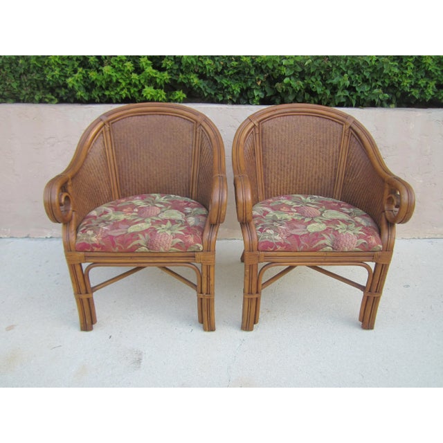 Arm Bamboo Wicker Accent Chair Upholstered set tropical color cotton material, Brown frame color Set of 2